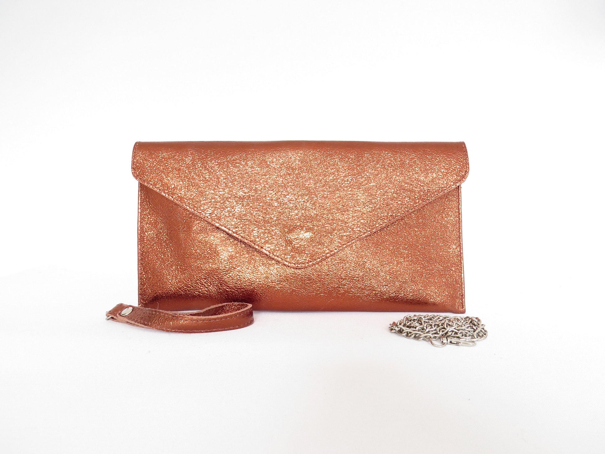 Metallic Bronze envelope clutch bag with chain strap