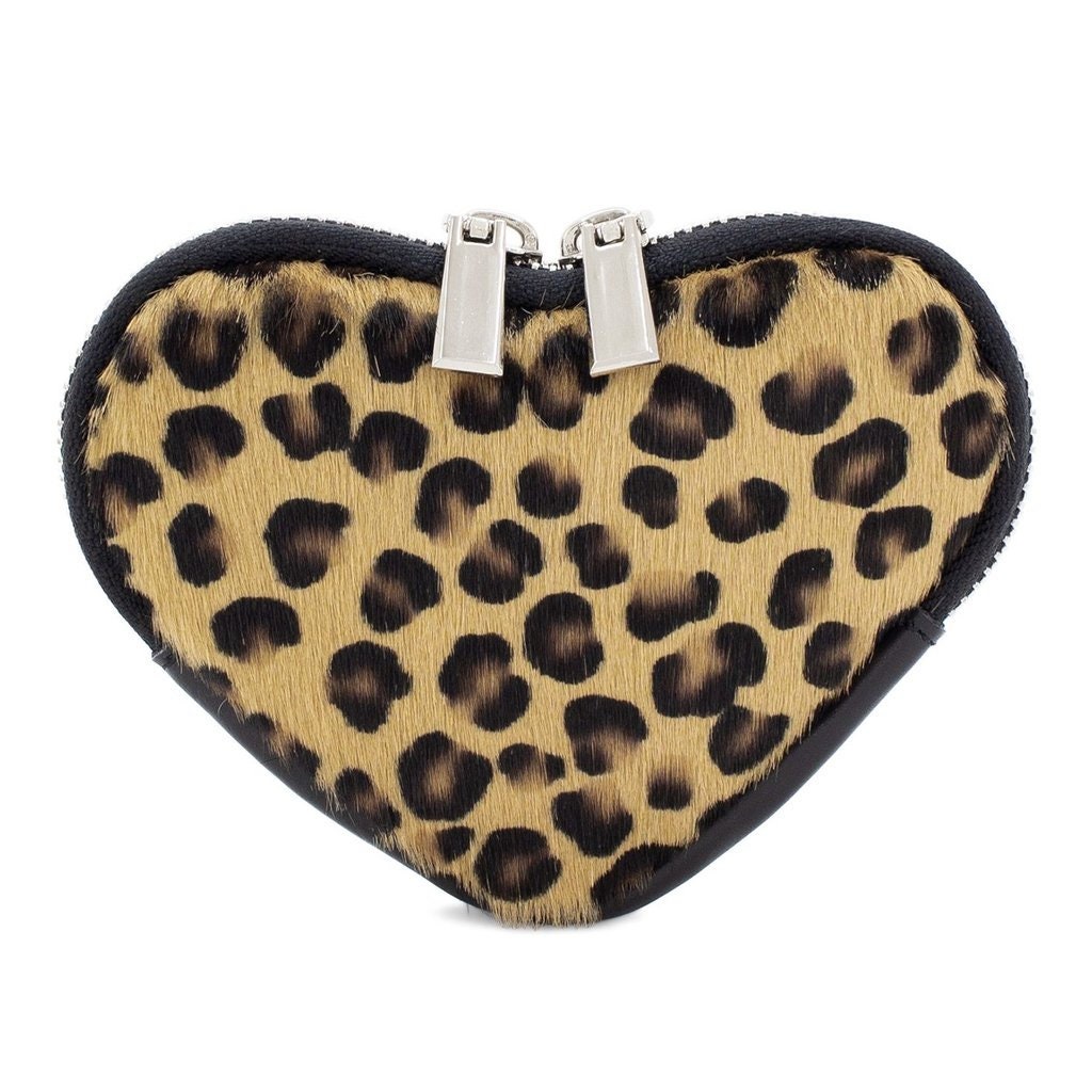 Genuine Italian Leather Cute Heart shaped Coin Purse  Animal Fur Print Soft Italian Leather Valentines Gift for Her Comes Gift Wrapped