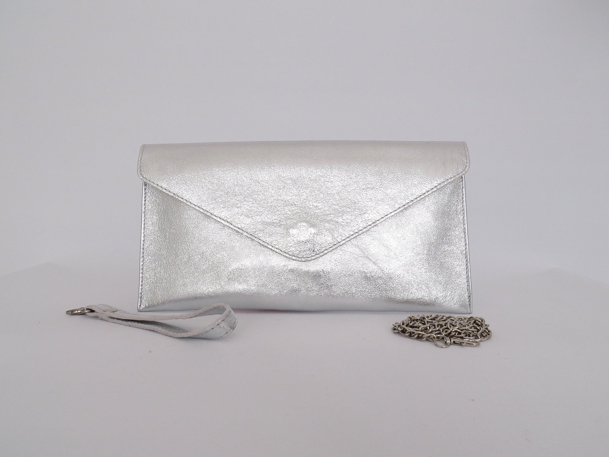 Metallic Silver envelope clutch bag with chain strap