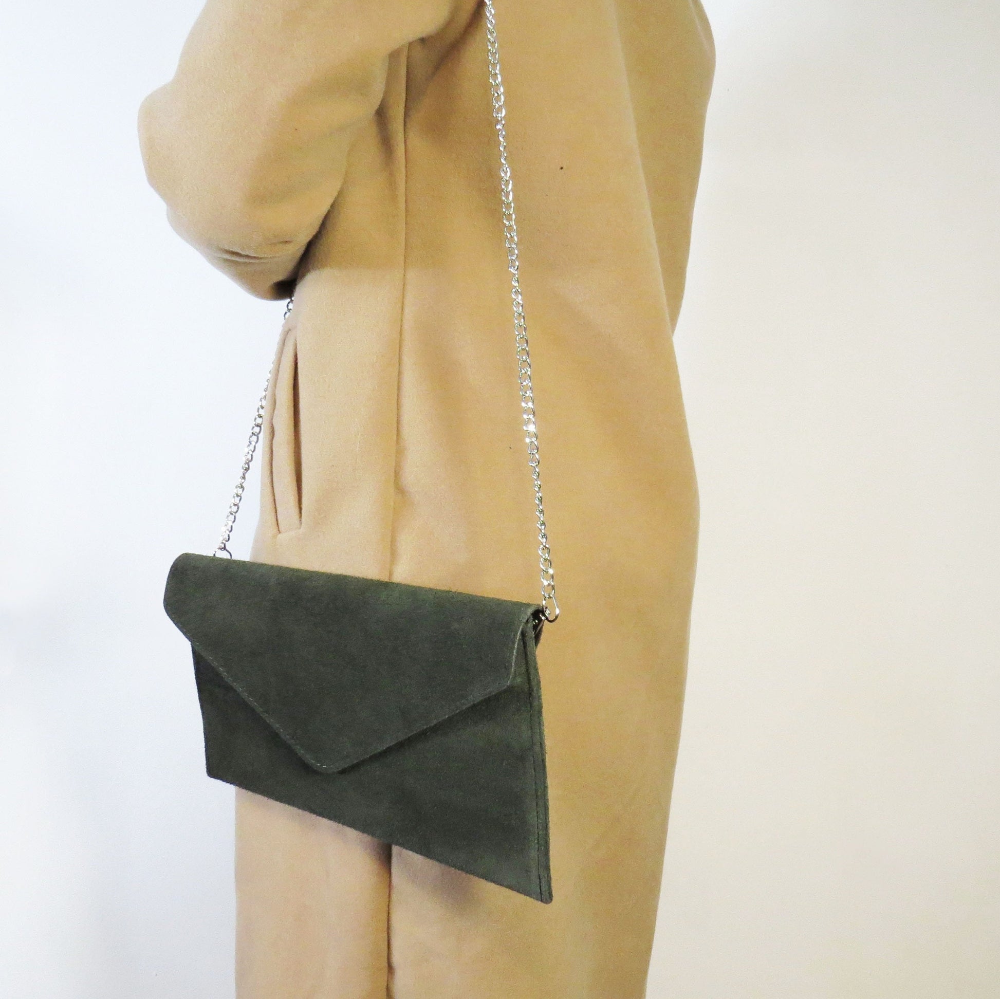 Dark Green envelope clutch bag with chain strap