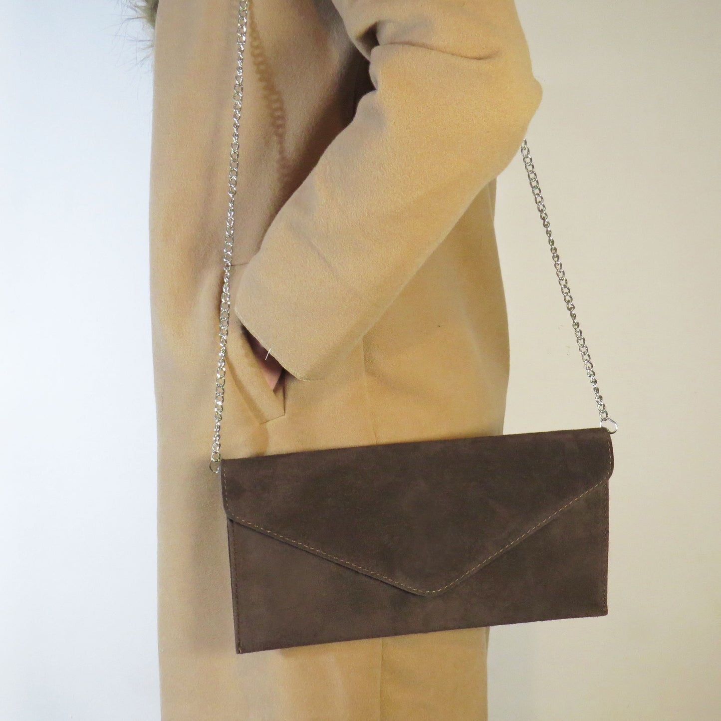 coffee brown envelope clutch bag with chain strap