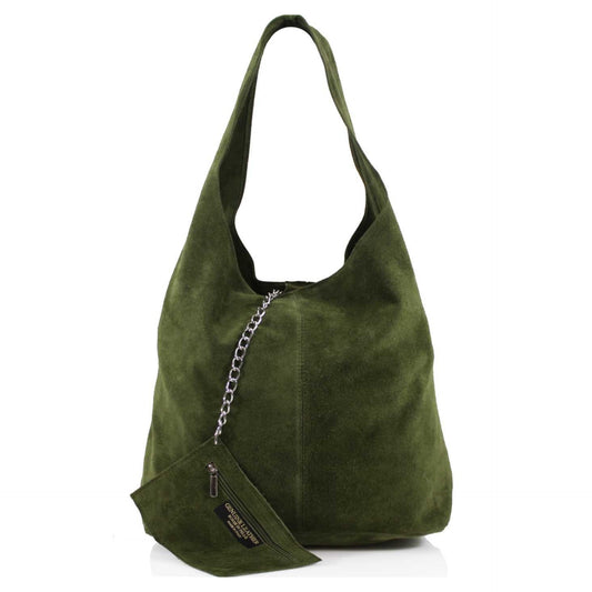 Genuine Suede Olive Green Leather Large Hobo Shopper