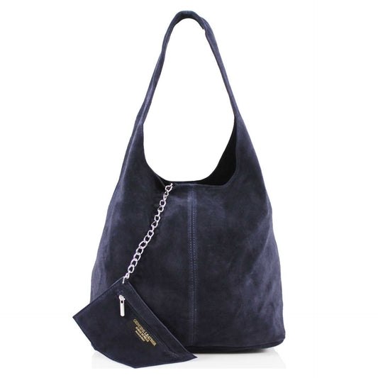 Genuine Suede Navy Blue Leather Large Hobo Shopper